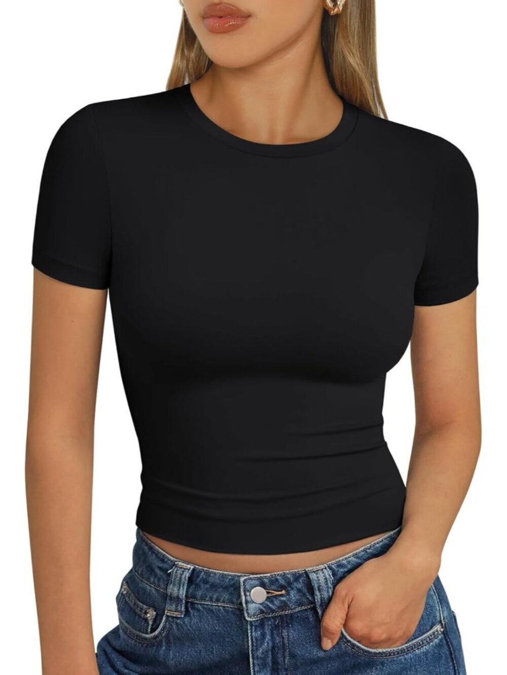 Womens Short Sleeve T Shirts - Buttery Soft Summer Crop Tops Slim Fit Y2k Basic
